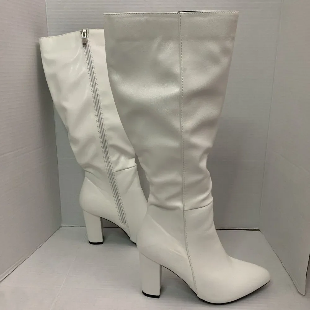 Womens Pointed Toe Zip Up Formal Chunky High Heel Knee High Boots - Picture 3 of 8